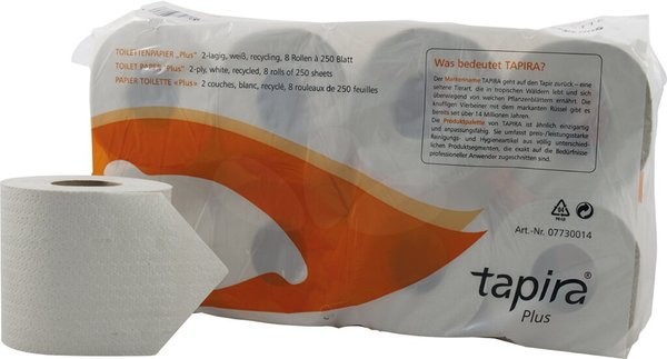 Tapira Plus Toilettenpapier 2lg, 8 Rollen, 250 Blatt/Rolle hochweiß