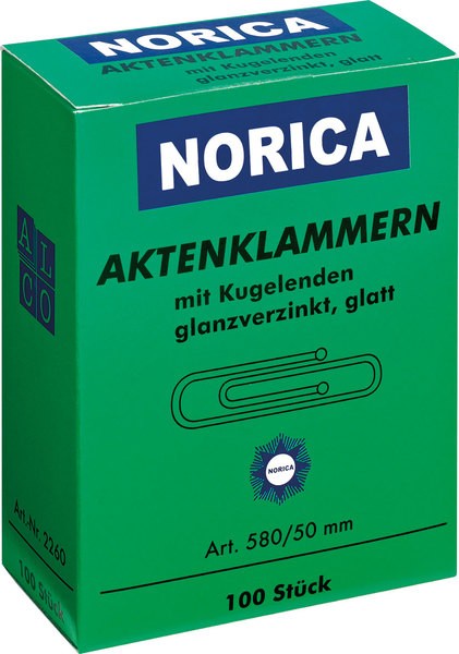 Aktenklammer Norica, 50mm, glatt, mit Kugelenden, verzinkt