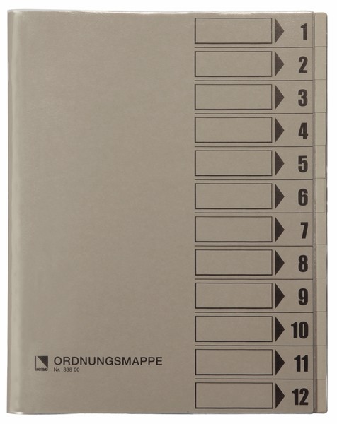Ordnungsmappe, 12 Fächer, grau, A4, Mappe - Karton 250 g/m2, mit