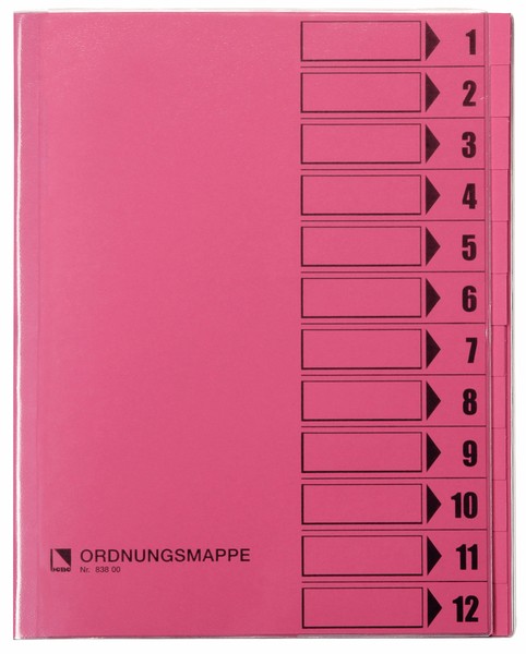 Ordnungsmappe, 12 Fächer, rosa, A4, Mappe - Karton 250 g/m2, mit