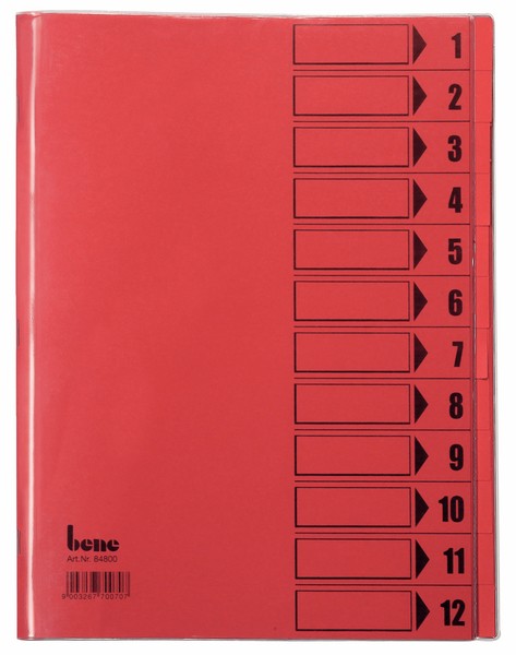 Ordnungsmappe, 12 Fächer, rot, A4, Mappe - Karton 250 g/m2, mit