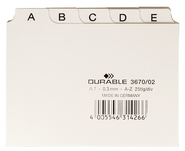 Leitkartenregister A7, A-Z, weiß geprägte Taben