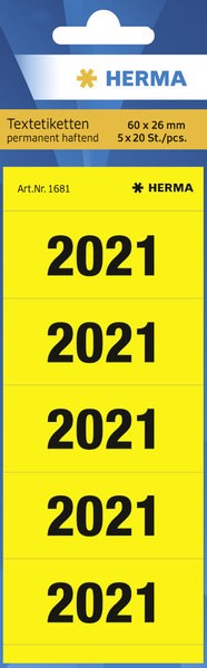 Jahreszahlen 2021 für Ordner gelb, 60x26mm, Papier matt, 100 Etiketten