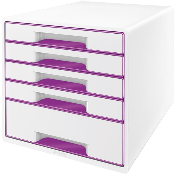 Ablagebox WOW Cube 5 Schubladen, weiß/violett, mit Auszugstopp und