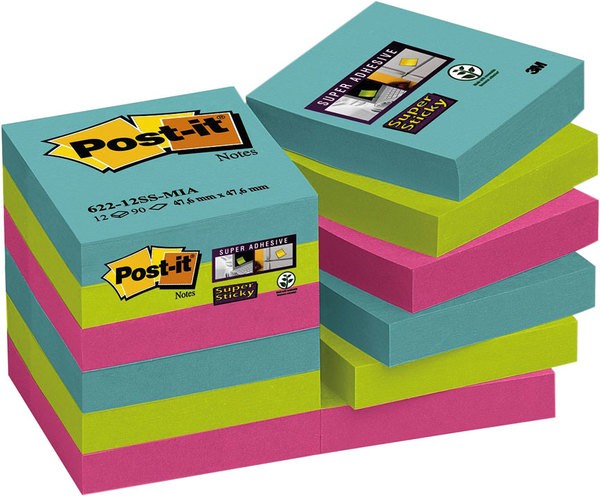 Post-it Super Sticky Notes 48x48mm, Miami Collection, türkis, neongrün,