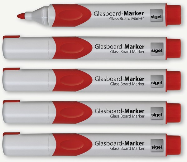 GLasboardmarker 2-3 mm Rundspitze, rot, abwischbar,Etui mit 5 Stifte