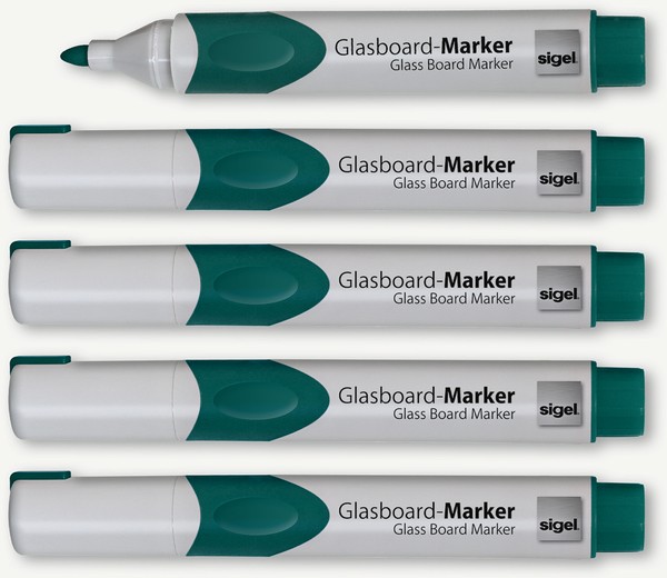 GLasboardmarker 2-3 mm Rundspitze, grün, abwischbar,Etui mit 5 Stifte
