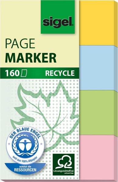 Haftmarker Recycling 50x20mm, 4 Farben im Pocket gelb,blau,grün,rot.