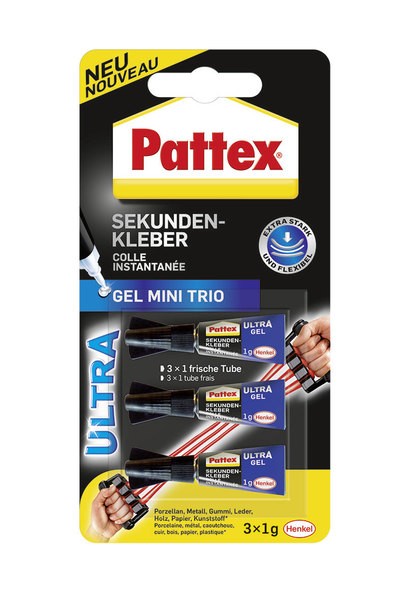 Sekundenkleber Pattex Ultra Gel Mini Trio, 3 x 1 g auf Blisterkarte