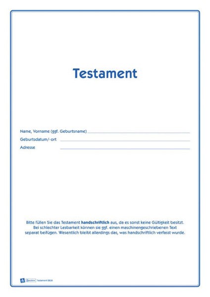 Testament A4 Vordruckset zur Erstellung eines Testament