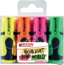 Mini-Highlighter e-7, 4er Etui, neon, Strichbreite: 1-3 mm, gelb, orange,