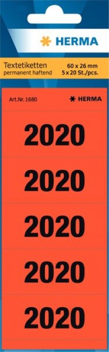 Jahreszahlen 2020 für Ordner rot, 60x26mm, Papier matt, 100 Etiketten