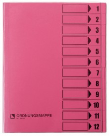 Ordnungsmappe, 12 Fächer, rosa, A4, Mappe - Karton 250 g/m2, mit