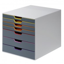 Schubladenbox A4 7 farbige Schübe, geschlossen, mit Beschiftungsfenster.
