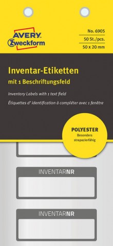 Inventar-Etikett Polyester silber, schwarz, 50x20 mm, 1 Beschrift.-feld