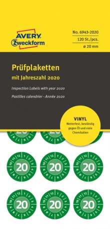 Prüfplakette 2020, Ø 20mm, grün, Vinyl