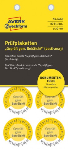 Prüfplakette Geprüft gemäß BetrSichV Ø 30mm, gelb, abziehsichere Folie