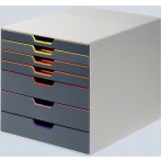 Schubladenbox A4 7 farbige Schübe, geschlossen, mit Beschiftungsfenster.