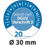 Prüfplakette DGUV Vorschrift Ø 30 mm blau, Jahreszahl 20.. wetterfest,kratz