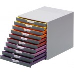 Schubladenbox A4 10 farbige Schübe, geschlossen, mit Beschiftungsfenster.